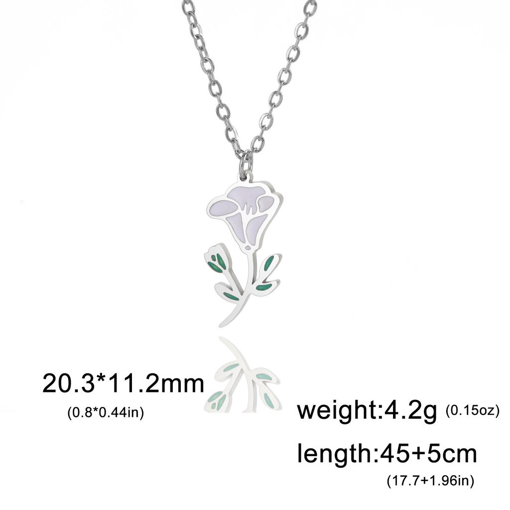 12 Birth Months Flower Necklace Stainless Steel White Green Enamel Daisy Rose Cosmos Pendant Neck Chains Birthday Gift