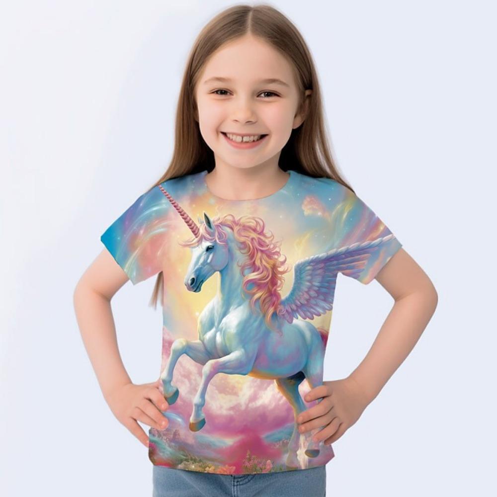 Children's Cute Animal 3D Digital Printed Girl Fashion Casual Round Neck Short Sleeved T-shirt