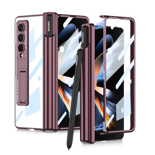 New For Samsung Galaxy Z Fold 4 Hd /Anti -Peep Phone Case Fold4 Trasparent Glass Film Case Cover With Pen Holder Hidden Kickstand