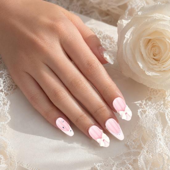 24Pcs Nude Pink Press on Nails, White Bow Faux Pearl Glue on False Nails, Almond French Tip Stick-on Fake Nails Decoration