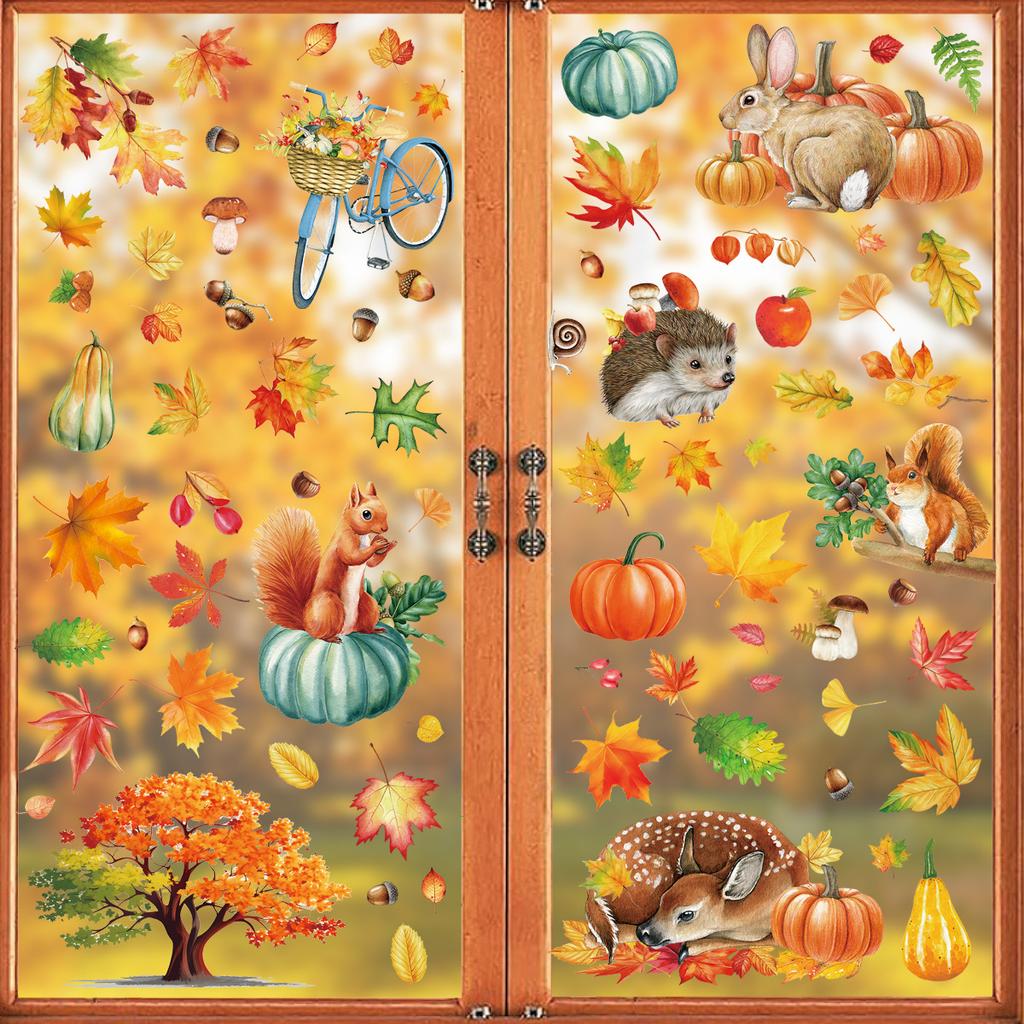 Autumn fallen leaves simulated maple leaf pumpkin bicycle rabbit electrostatic stickers Thanksgiving day