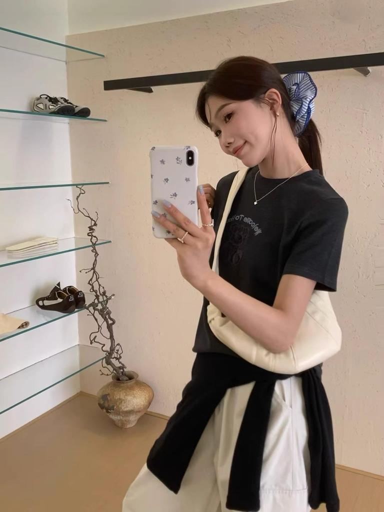 Spring/Summer 2025 Korean Cartoon Bear Embroidered Loose Short Sleeve T-Shirt for Women
