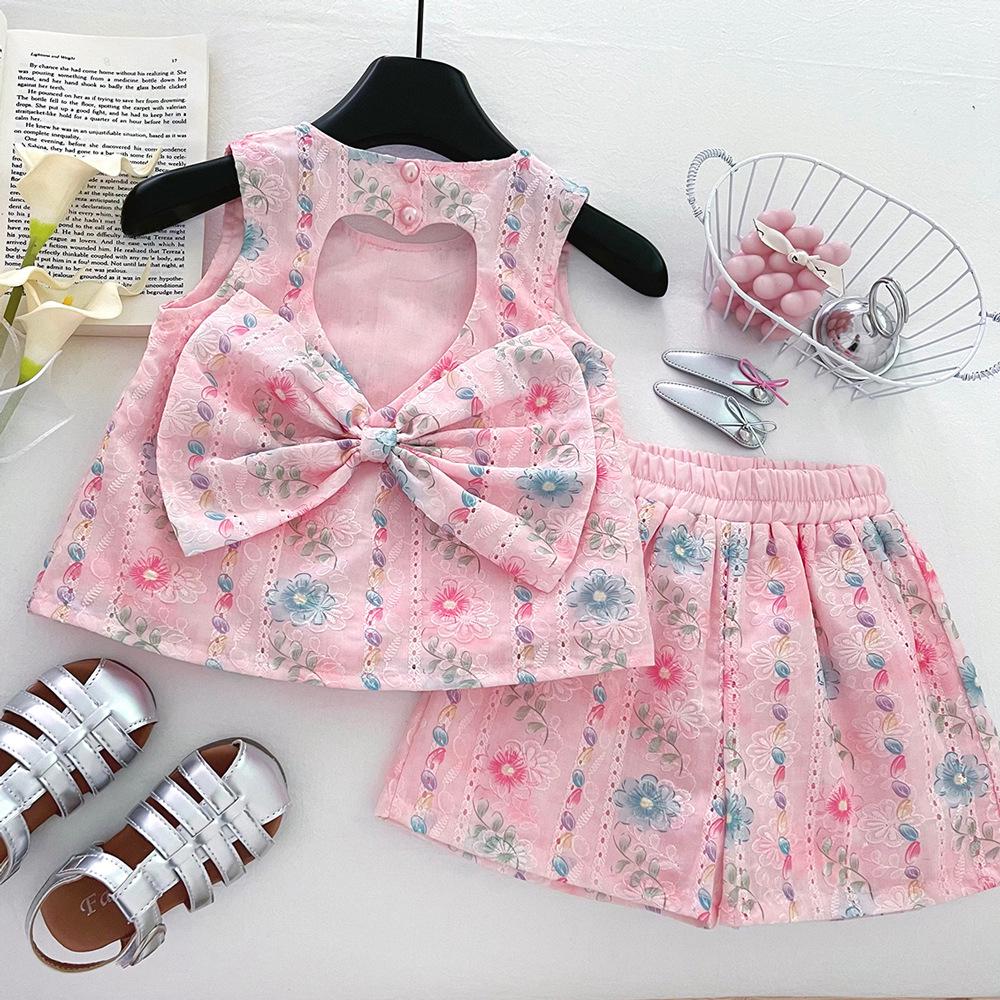 Girls' 2025 Summer Fashion Bow & Backless Top with Shorts Set