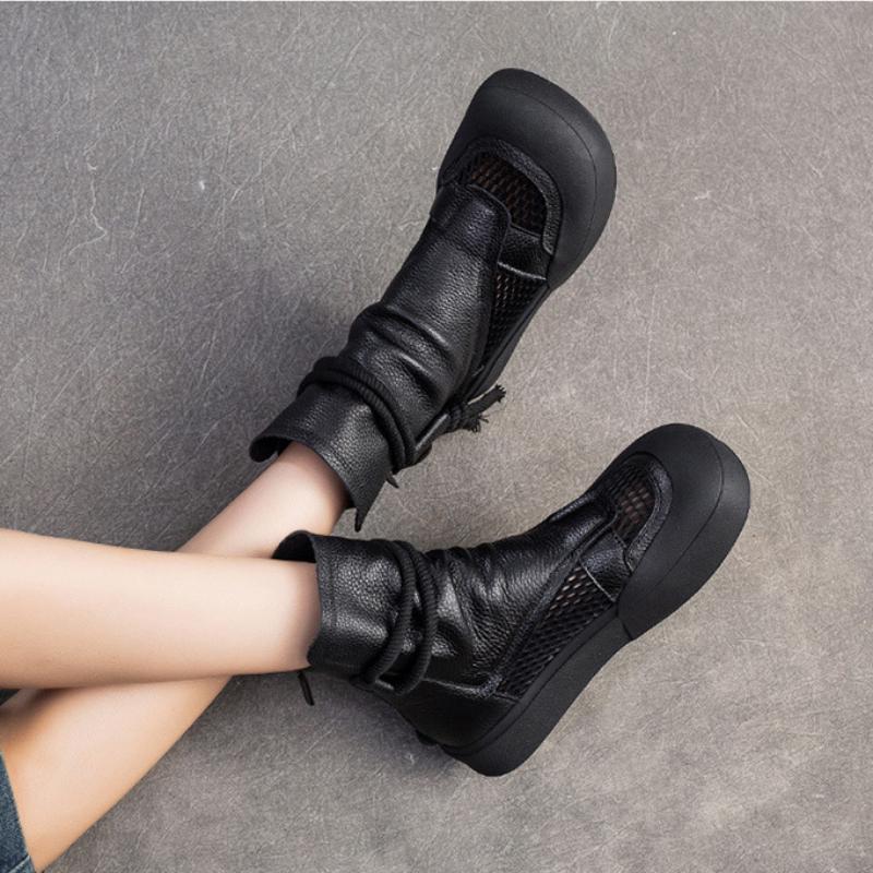 Johnature Hohle, atmungsaktive Retro-Sommerstiefel aus echtem Leder mit Reißverschluss hinten und römischen Sandalen mit dicker Sohle für Damen