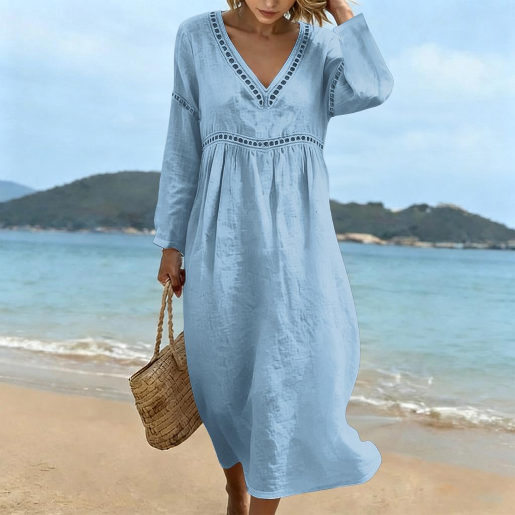 Fashionable Lady's V-neck Mid-length Casual Long-sleeved Dress