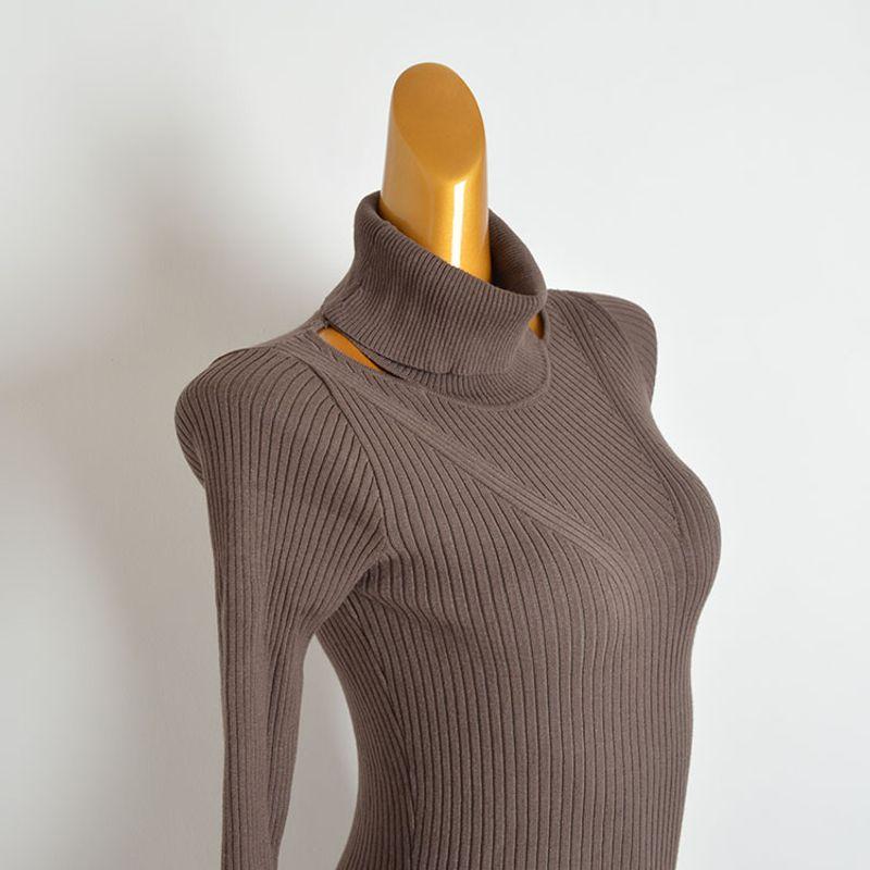 Fashion Fancy Autumn Sheath High Low Collar Split Dress Silm Slimming Versatile Long Sleeves Knitting Dress Women