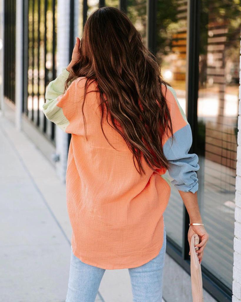 European & American Style Women's Color Block Patchwork Drop Shoulder Long Sleeve Shirt