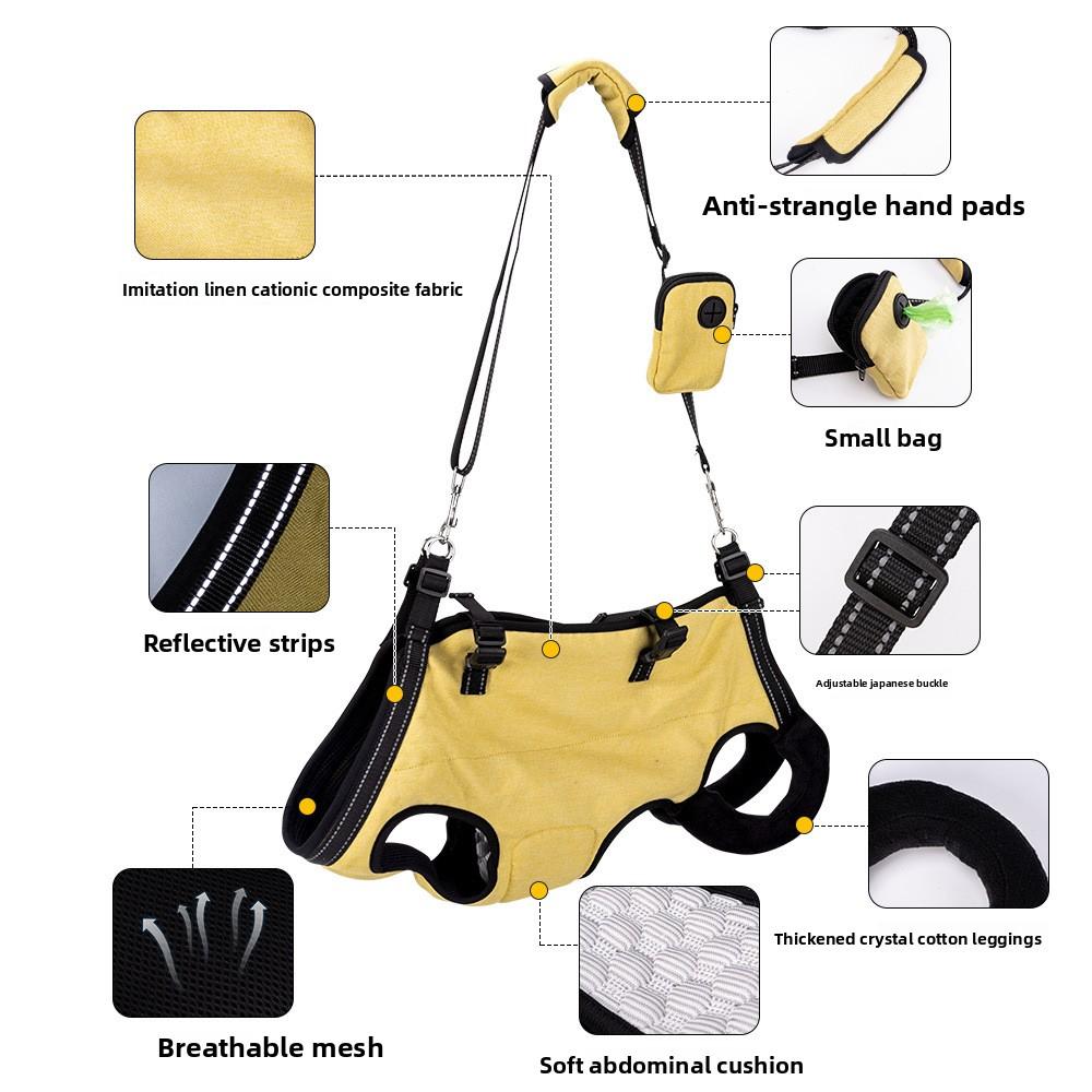 Tiergestützte Rehabilitationsübung für behinderte Hunde. Verstellbare Hundeleinen für Brust und Rücken des Hundes