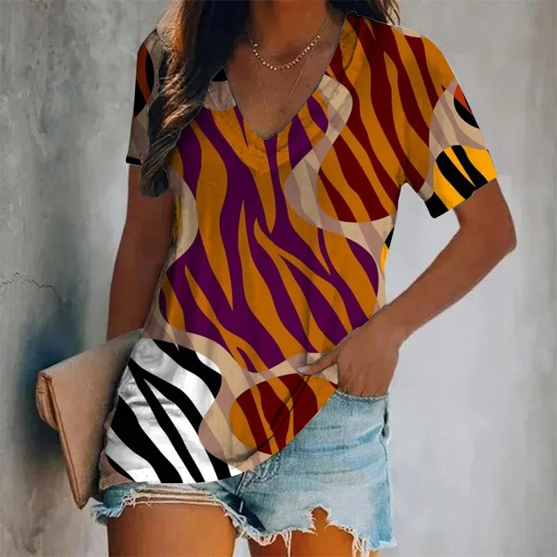 New Summer Women Vintage T-shirt Leopard Print V-Neck Tops Tees Female Fashion Short Sleeve Clothing Ladies Daily Casual Outfit