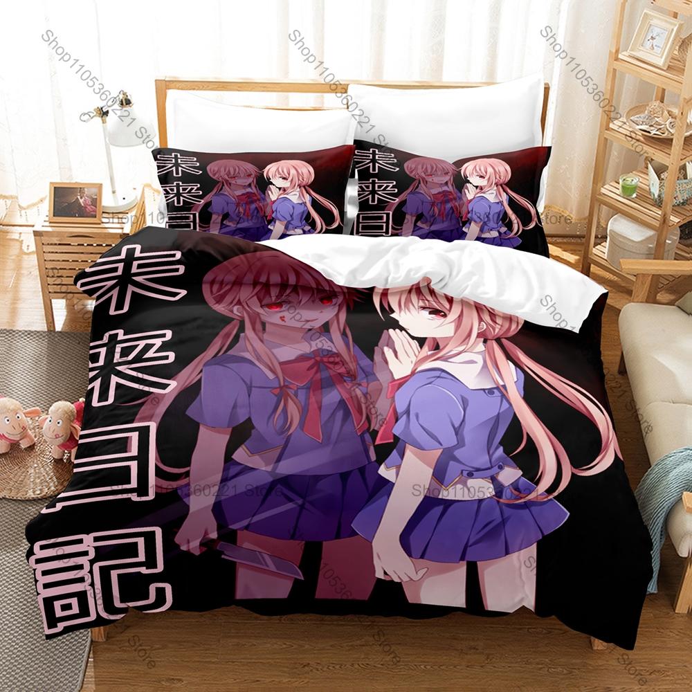 Cool Mirai Nikki Yuno Gasai Bedding Set 3 Piece Breathable Duvet Cover Set for Kpop Fans Gift Bedroom Decoration