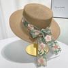 French Flat-top Flower Straw Hat High-end Seaside Vacation Beach Hat Bow Sunshade and UV-proof Sun Hat
