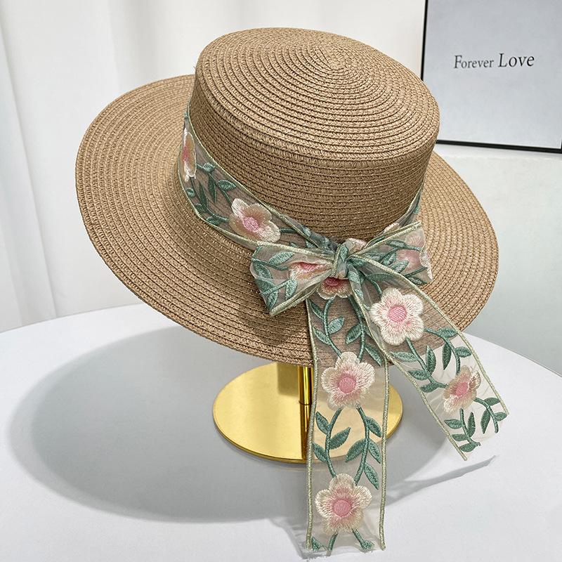 French Flat-top Flower Straw Hat High-end Seaside Vacation Beach Hat Bow Sunshade and UV-proof Sun Hat