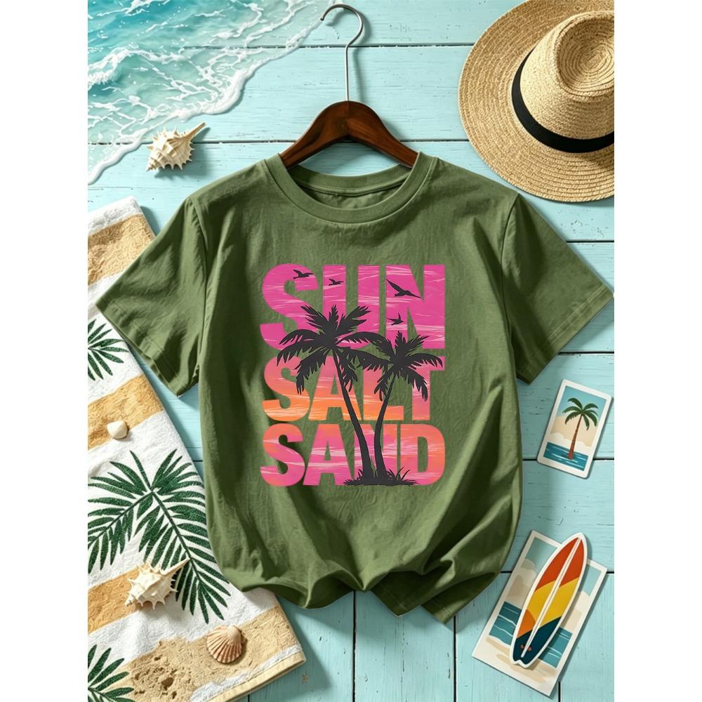 Sun Salt Sand Coconut Tree Prints T-Shirts Womens Summer Short Sleeve T Shirt O-Neck Oversized Tops Basic Soft Clothes