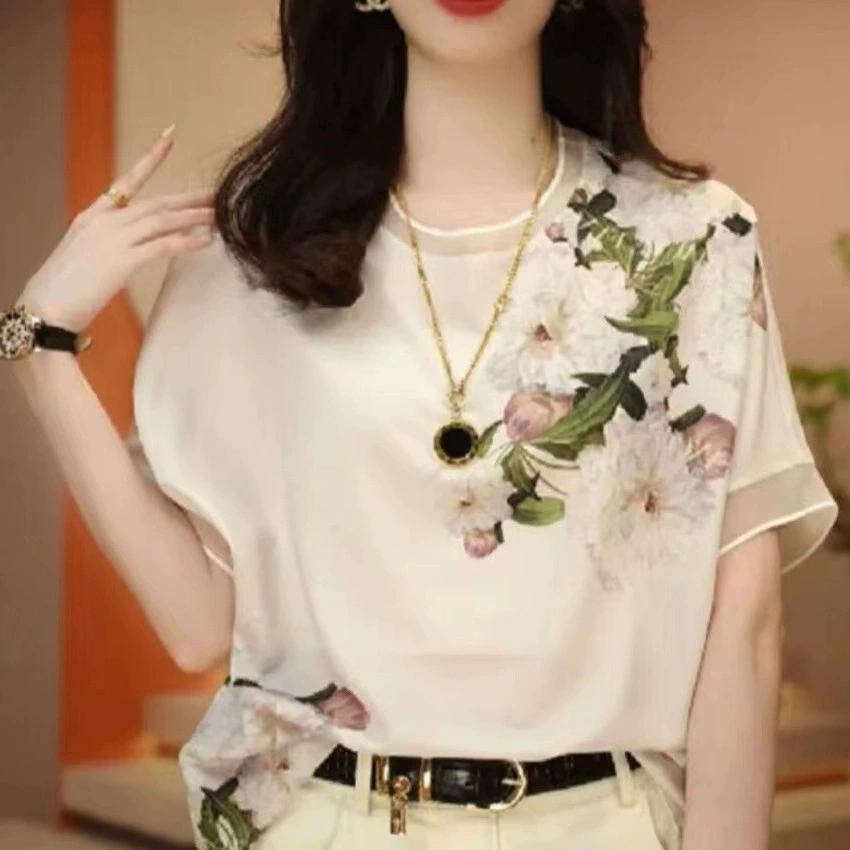Summer Women's Solid Colors O-Neck Short Sleeve Loose Thin Chiffon Pullovers Printed Trendy Comfortable Commute Tops