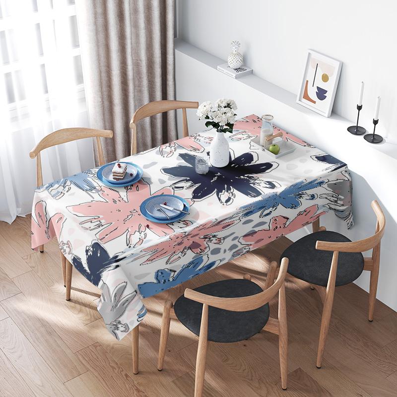 Vibrant Floral Tablecloth with Rabbit PrintPerfect for Modern Dining Tables Washable Cotton Fabric In Pink, Blue, White Color Sc