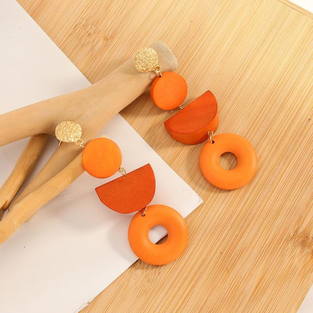 Geometric wooden earrings retro round color blocked earrings hollowed out wooden earrings wood art color blocked design