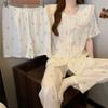 Fashion And Simple Style Summer Pajamas Women'S Tulip Cloud Cotton Loungewear Doll Collar Short Sleeve Three-Piece Set