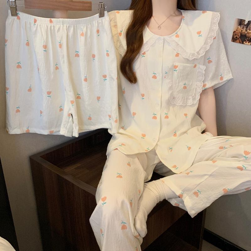 Fashion And Simple Style Summer Pajamas Women'S Tulip Cloud Cotton Loungewear Doll Collar Short Sleeve Three-Piece Set