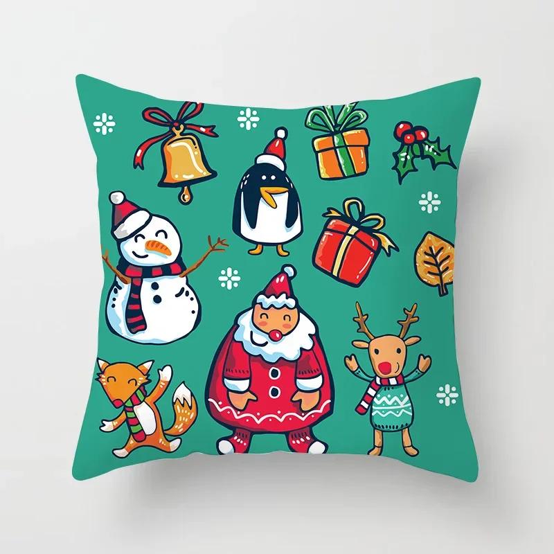 Merry Christmas Santa Elk Print Pattern Cushion Cover Home Living Room Sofa Decoration Square Polyester Pillow