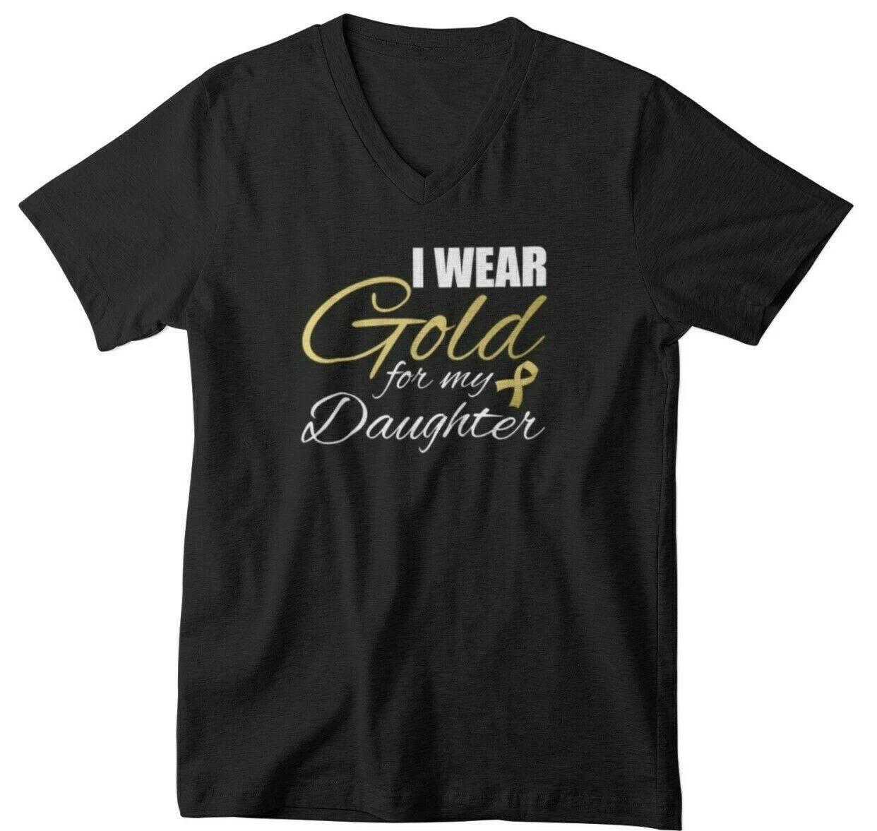 Mens V Neck I Wear Gold For My Daughter Shirt Childhood Cancer Awareness Tee 2XL