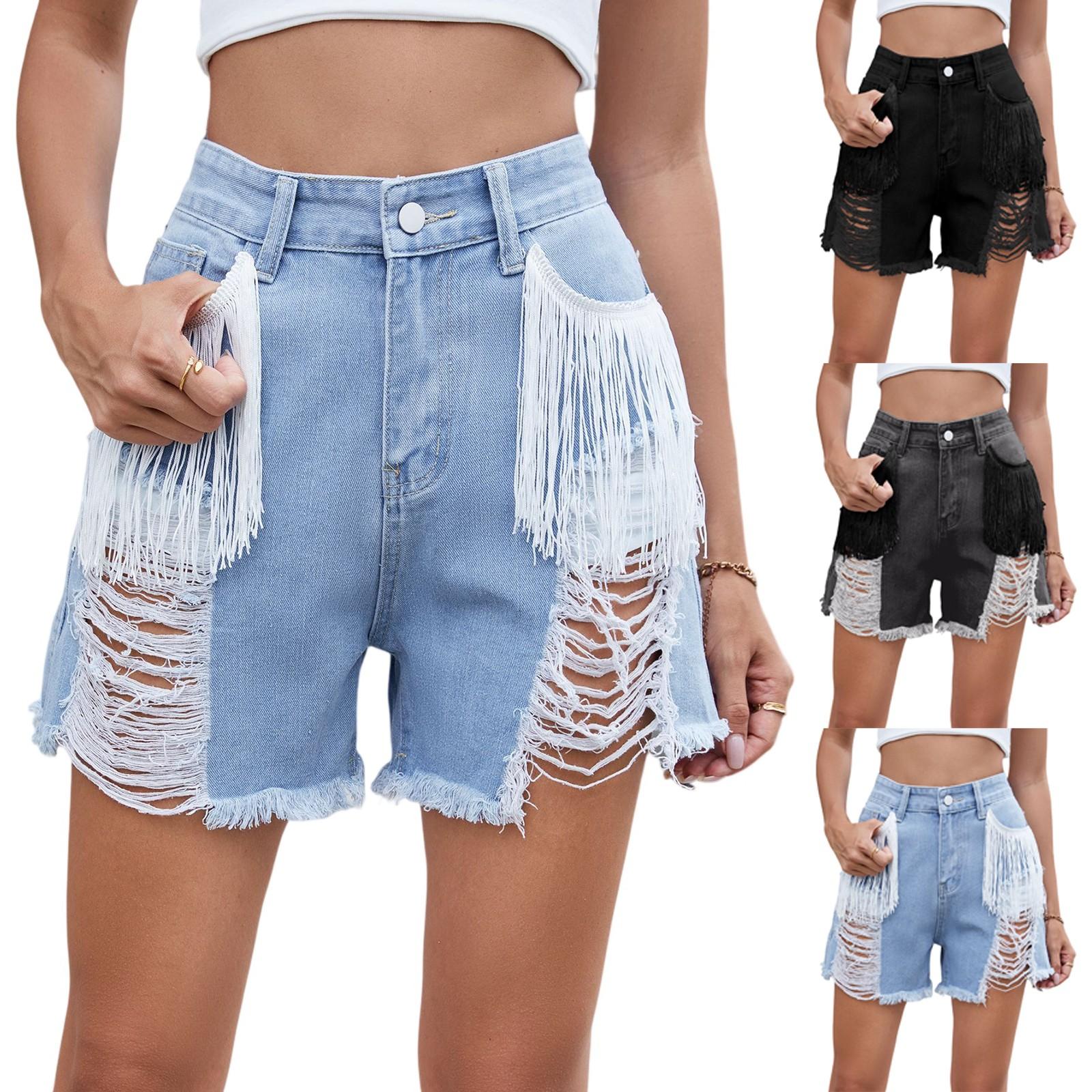 

Ladies Fashionable Sexy Solid Color Washed Denim Fringe Shorts L