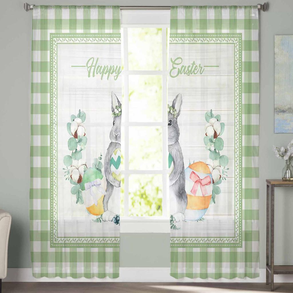 Easter Bunny Colored Eggs Cotton Watercolor Tulle Sheer Curtains For Living Room Bedroom Kitchen For Windows Voile Drapes