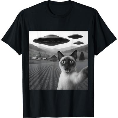 Siameskatt Selfie Med Alien UFO Roliga Presenter För Kattälskare T-shirt för Män Kvinnor