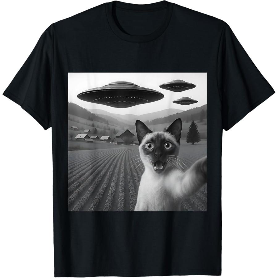 Сиамский Кот Селфи С Инопланетным НЛО Забавные Подарки Для Любителей Кошек Футболка для Мужчин Женщин S