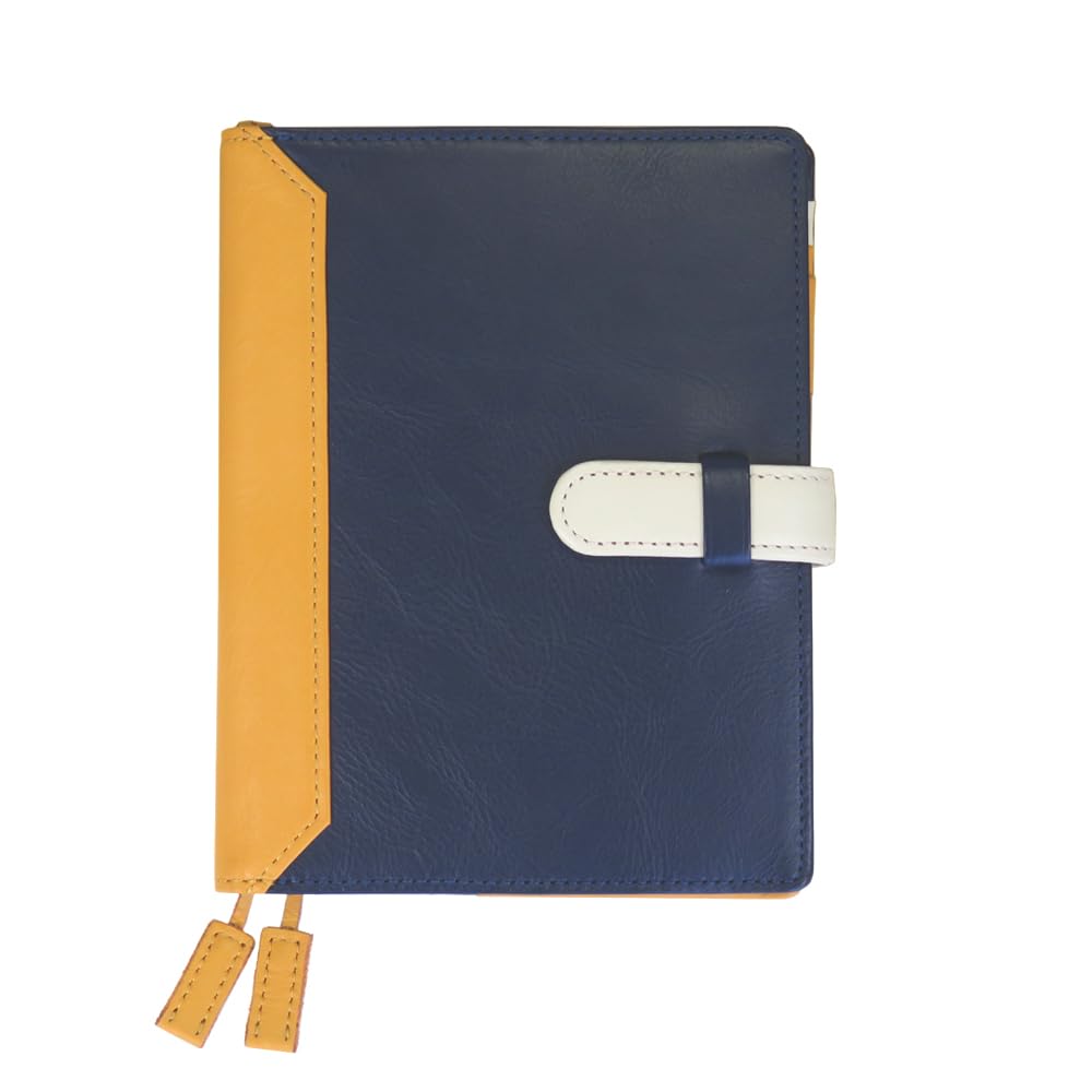 (Seal Al) A6 Size Leather Notebook Cover with Belt, Two-Tone Design (No Name Engraving, 11. Navy X Mustard Yellow)