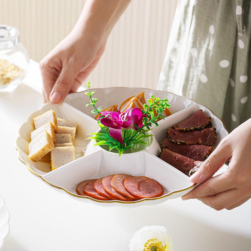 10inch Gold-rimmed Ceramic Hot Pot Divided Plate Household White Dried Fruit Snack Plate Hotel Simple Tableware