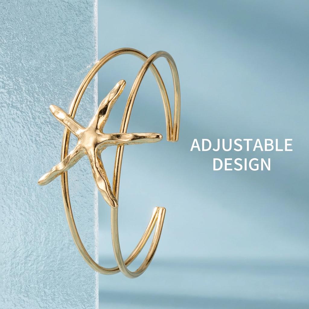 Bohemian Metal Starfish Cuff Bracelets for Women Punk Gold Color Conch Shell Opening Adjustable Arm Bracelet Beach Party Jewelry