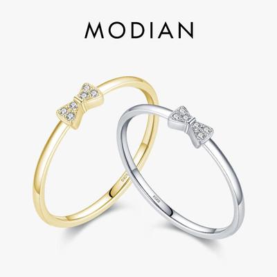 MODIAN 925 Sterling Silver Gift With Small Bow Finger Rings For Women Cute Stackable Rings Band Silver Fine Jewelry
