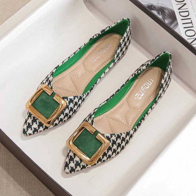 

Нежные женские туфли на плоской подошве с острым носком, женские туфли с узором «гусиная лапка» и ремешками, на низком каблуке, женские повседневные дизайнерские туфли с металлической квадратной пряжкой 40 зелёный