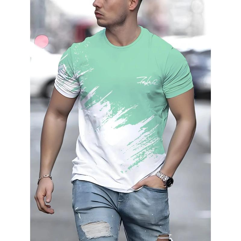 Letní Pánská Trička s Krátkým Rukávem Módní Ležérní s 3D Gradientním Potiskem s Kulatým Výstřihem