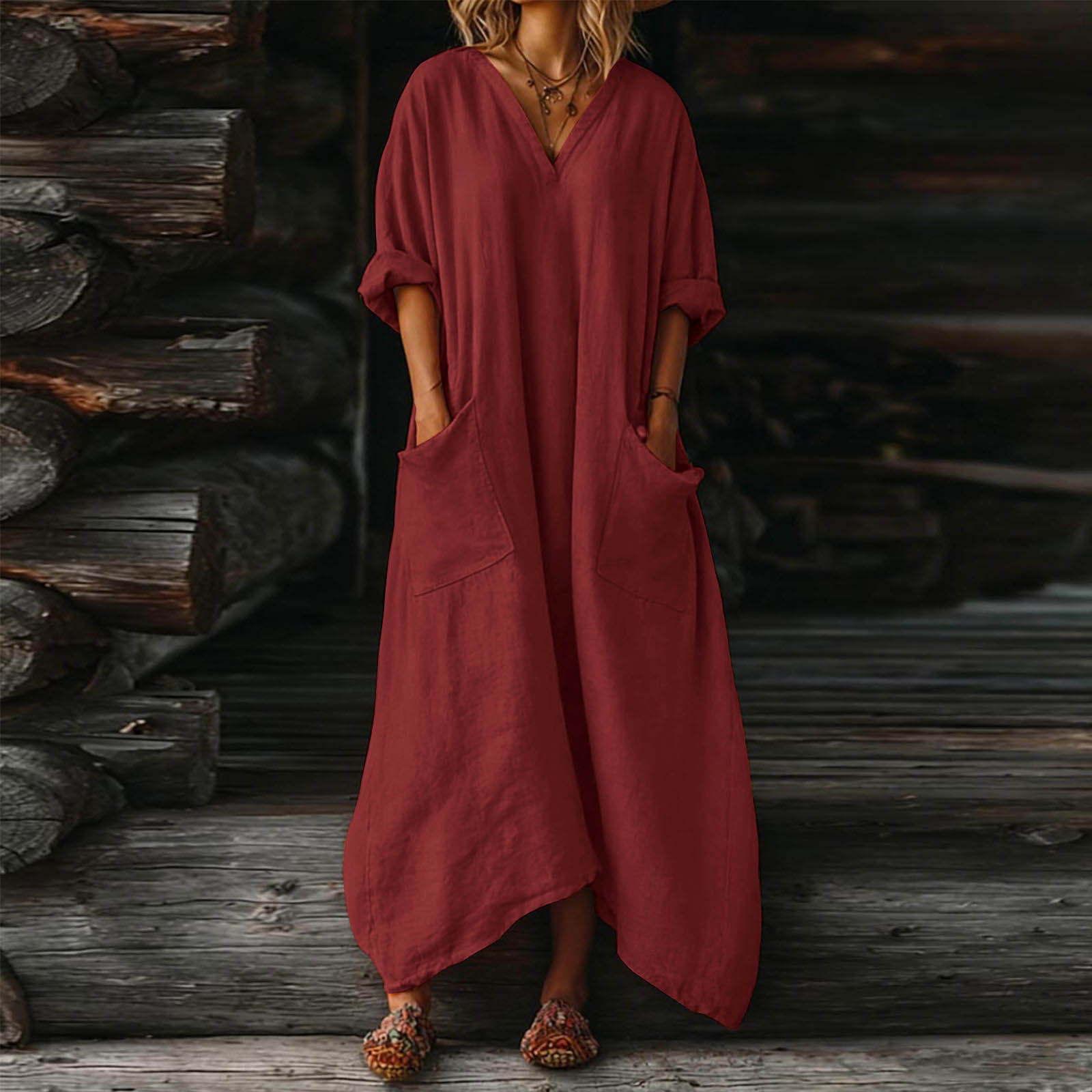 

Women s V-neck Long Dress With Pockets XL