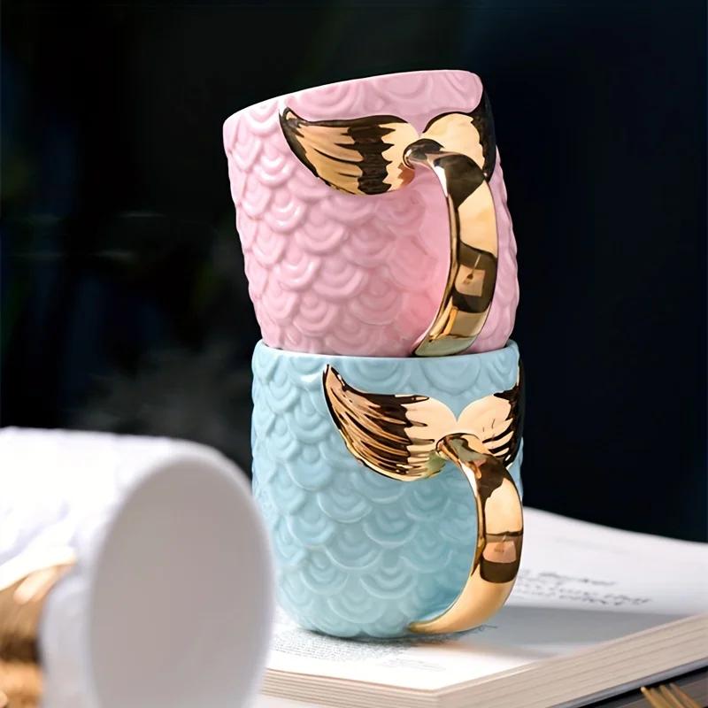 Kreativní 400ml keramický hrnek Golden Mermaid Tail s držadlem Kreativní hrnek na čaj Káva Mléko Osobní hrnek Fishtail Cup Vynikající dárek