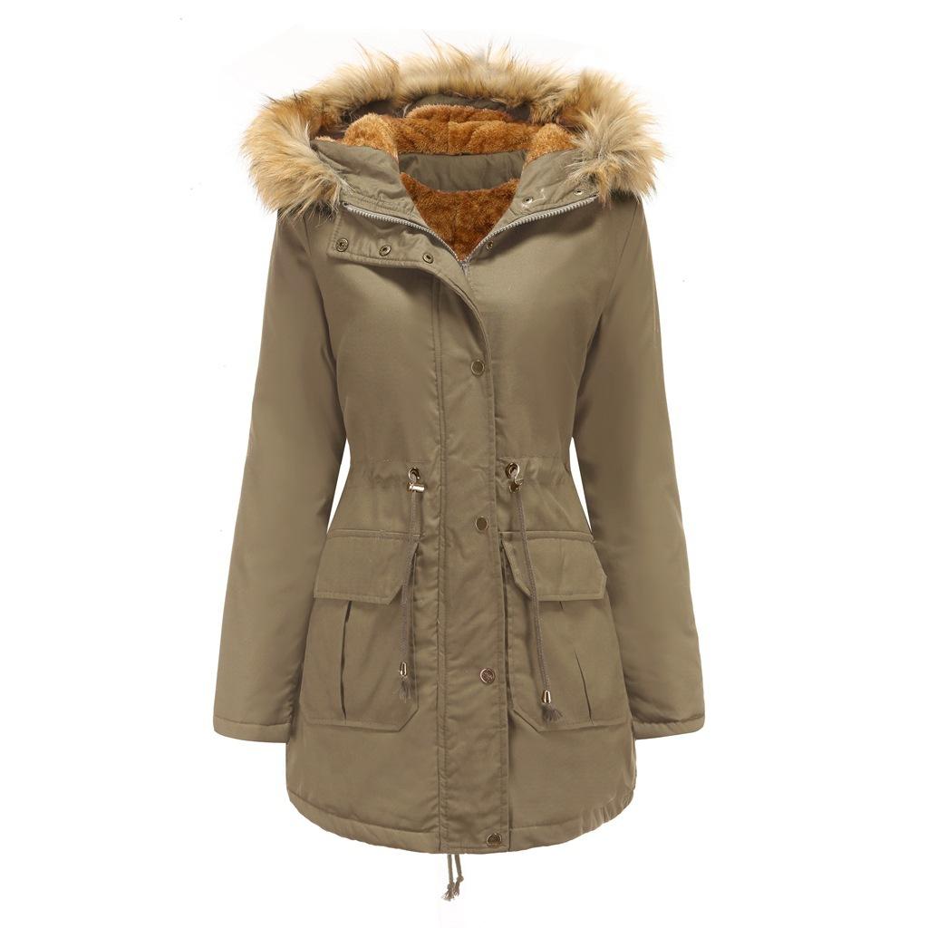 Outdoor Fleece Warm Padded Jacket Ladies Hooded Fur Collar Winter Thermal Jacket Padded Jacket