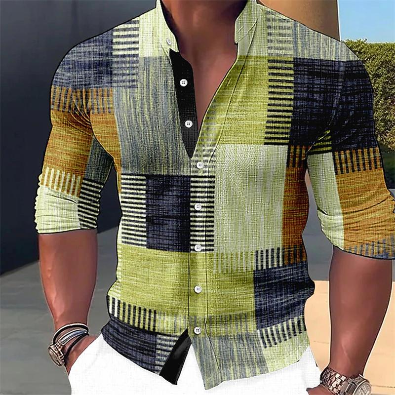 Retro Stitching Men's Long Sleeve Shirt Gradient Stand Collar Outdoor Street Button Designer Casual Breathable Men's Clothing