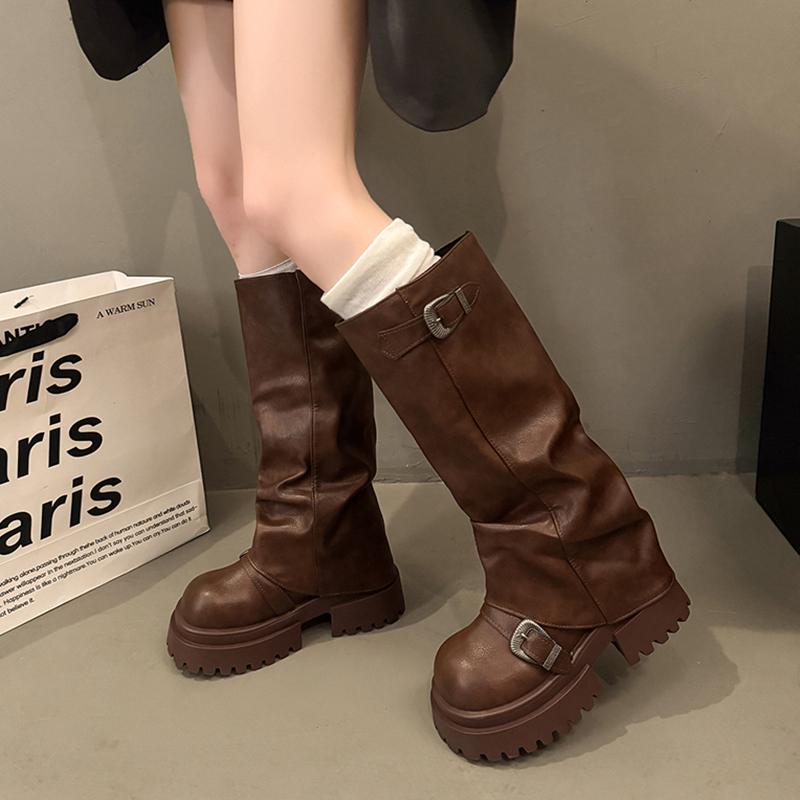 Fashion Chunky Platform Y2K Long Boots Women 2025 Winter Punk Metal Belt Buckle Thick Bottom Knee High Boots New Designer Shoes Female