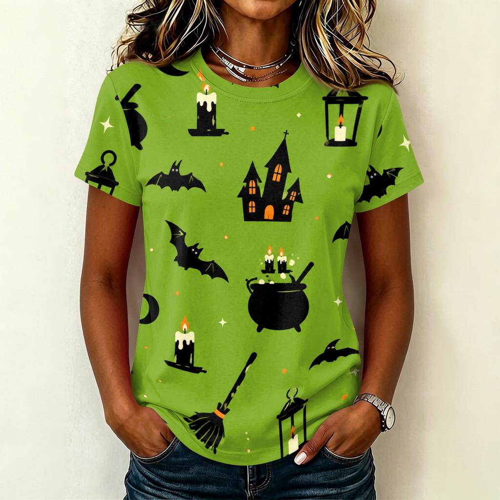 Ladies Casual Pullover Short Sleeve T Shirt Halloween Print Crew Neck Top Halloween Themed Graphic Tee for Women