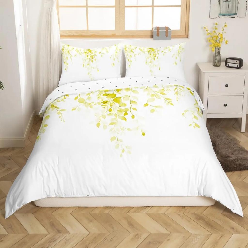 Bettdecke Tuschemalerei Stil Queen King Size Modern Schlicht Aquarell Pflanze Blatt Bettwäsche Set Kinder Erwachsene Damen 3-teiliges Set