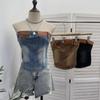 Vintage Patchwork Leder Etikett Farbblock Gewaschener Denim Bandeau Weste, Enganliegend, Ärmellos Damen Oberteil