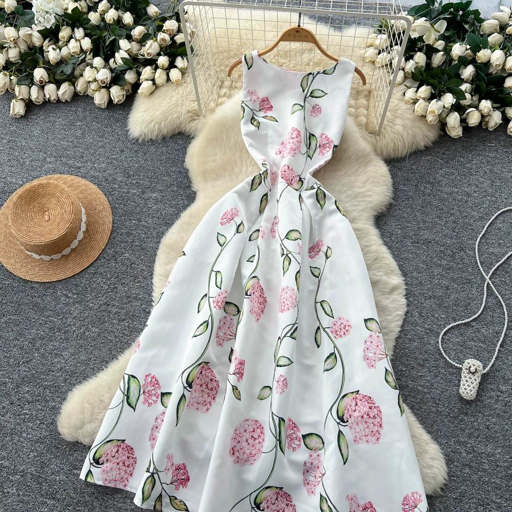 Robe sans manches à col rond imprimé style européen américain pour femmes, haut de gamme, niche, fête d'anniversaire, taille ajustée, bouffante, maxi