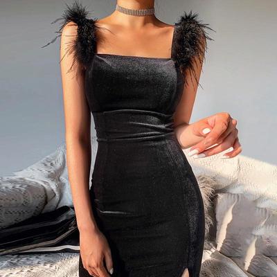 Women Spring Elegant Furry Spaghetti Strap Solid Sleeveless Sexy Party Square Collar Full Dress
