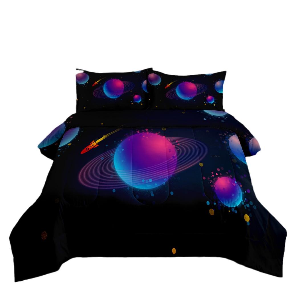 Space Galaxy Astronaut Comfortable Brushed Printing Fat Quilt Feather Silk Cotton Thickened Filled Quilt Cover Three-piece Set