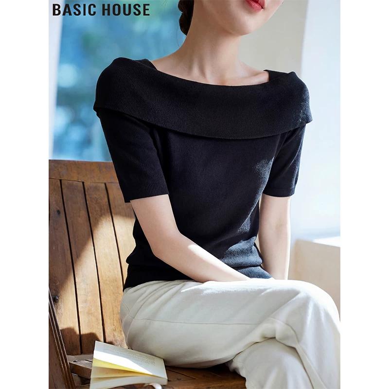 Basic House Women s Black Off-Shoulder Knitted Short Sleeve Top XL