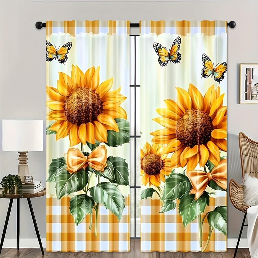 2pcs Sunflower Curtains Plaid Butterfly Window Drapes Yellow Floral Rustic Farmhouse Decor Living Room Bedroom
