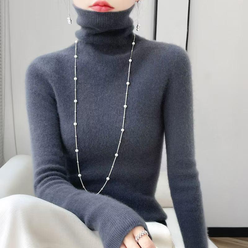Women’s 2025 Autumn/Winter Pure Wool Sweater, Half-High Neck, Ribbed, Slim-Fit, Figure-Flattering with Cashmere Inner Layer