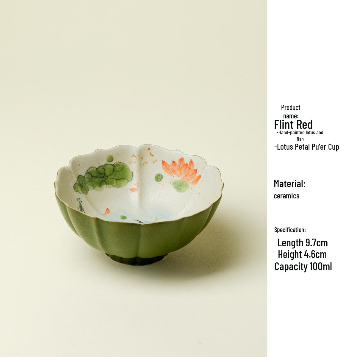 Керамическая чайная чашка Yan Yan Shu Ke с ручной росписью «Рыбы и лотосы» - Большая, с ручным цветочным ободком, Набор для кунг-фу чая