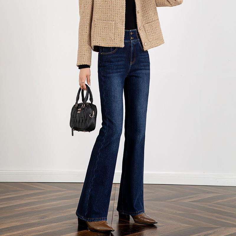 

Women s Floor-Length High Waist Flared Jeans - Embroidered, Elastic, Slim Fit, Composite Velvet, Winter 2025 Collection. 28 темно-синий